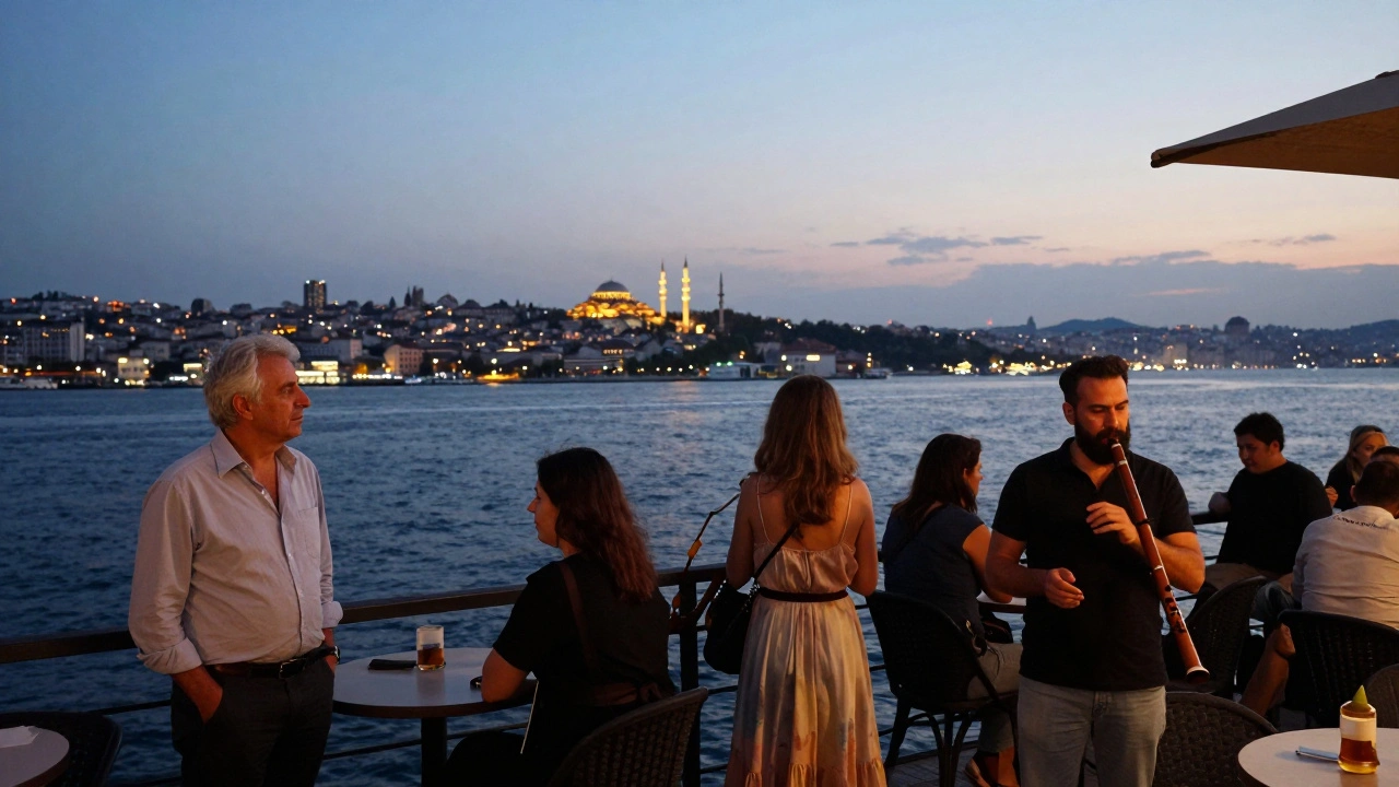 Silent terrace at dawn with view of Marmara Sea and minarets, patrons sharing quiet moments after music.