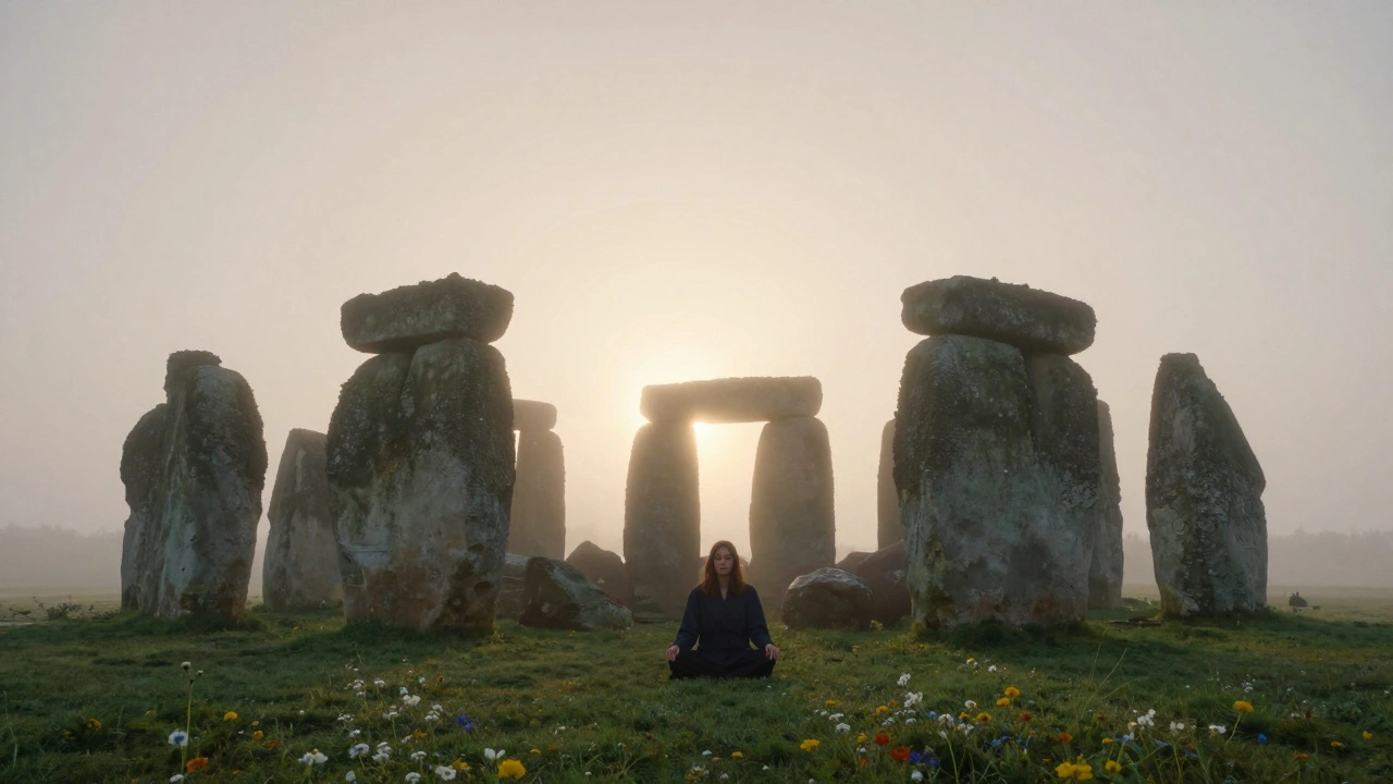 Stonehenge at dawn during summer solstice with mist and aligned sunlight.