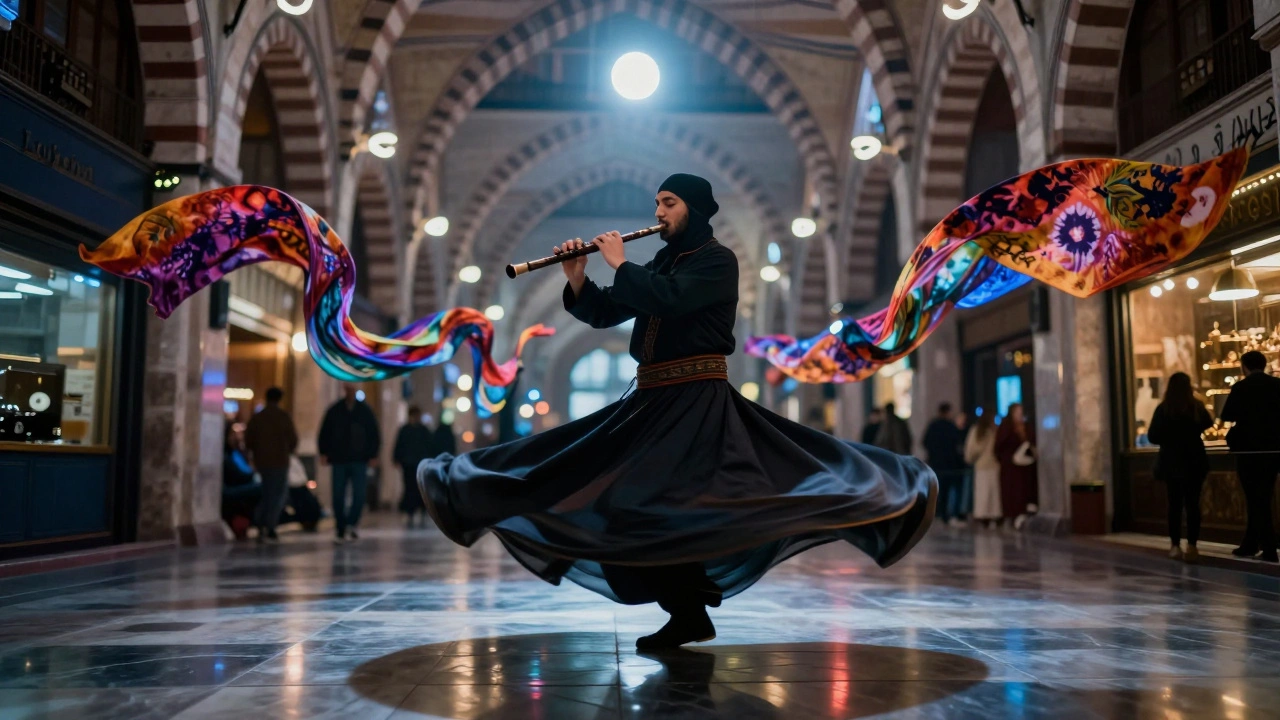 Sufi dervish spinning under strobes at Yeni Sahne, traditional music blending with electronic beats.