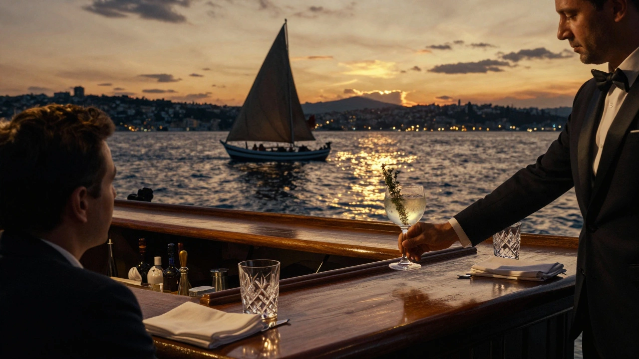 Sunset view from a yacht bar overlooking the Bosphorus, a cocktail being served as a dhow sails by.