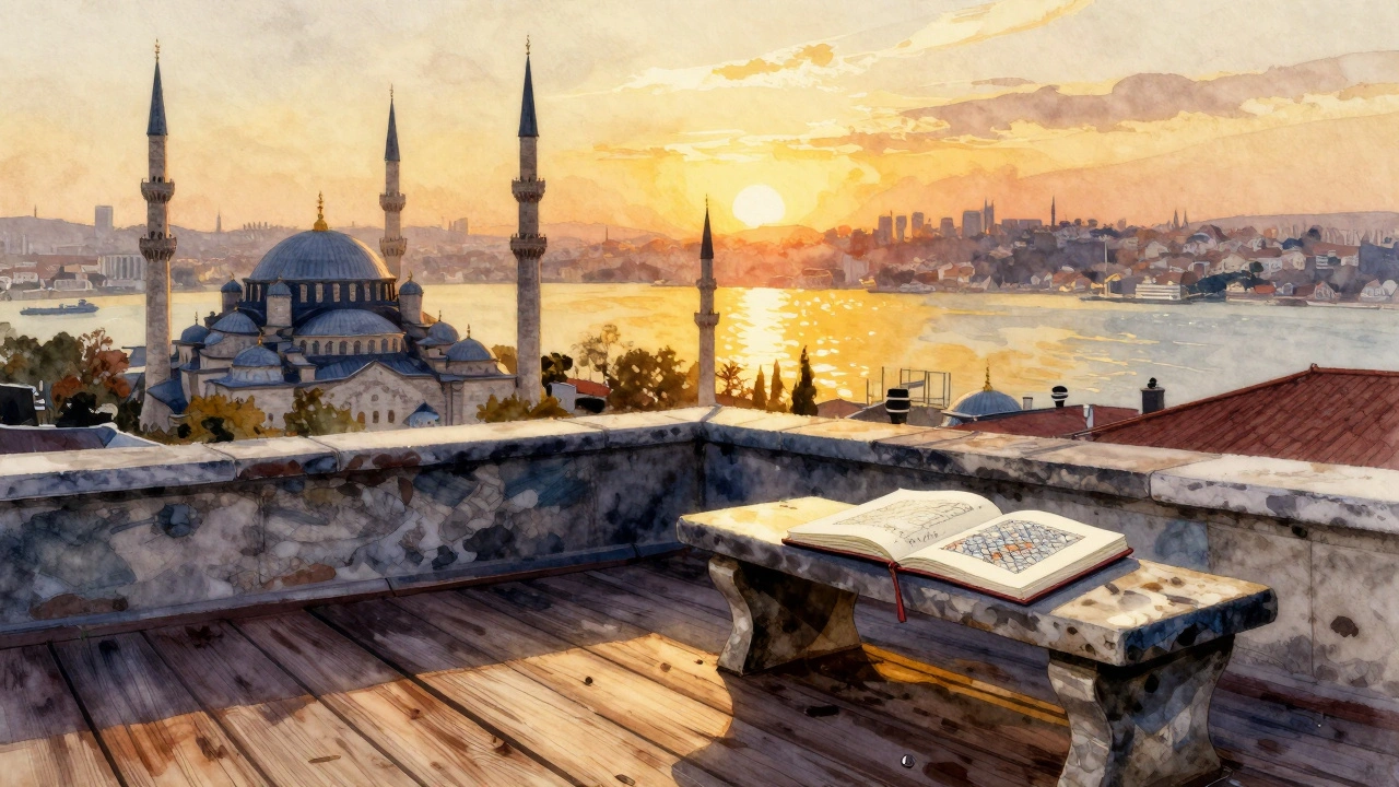 Sunset view from Topkapi's rooftop terrace over the Bosphorus, with a sketchbook on a worn wooden bench.