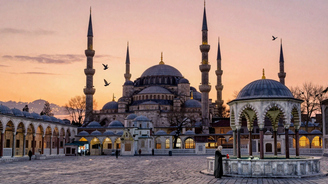 The Blue Mosque at dusk, six minarets against a soft sky, a woman places a thermos by the fountain in the empty courtyard.