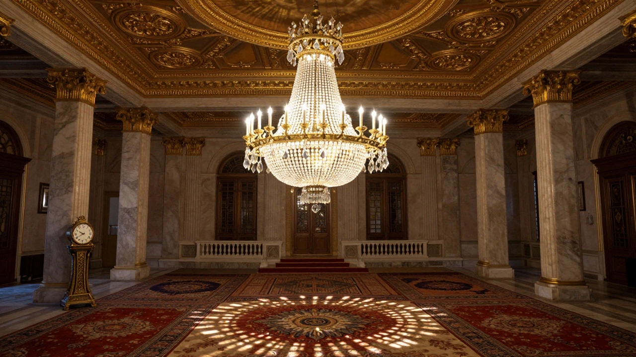 The grand Ceremonial Hall of Dolmabahçe Palace with its massive crystal chandelier and gilded ceiling, frozen in quiet reverence.