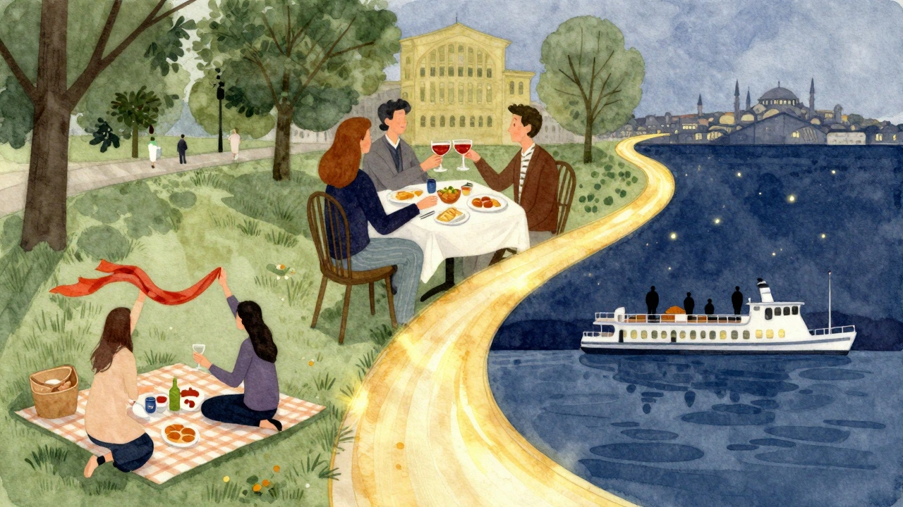 Three moments of companionship in Istanbul—picnic, dinner, and ferry ride—blended into a soft watercolor scene connected by golden light.
