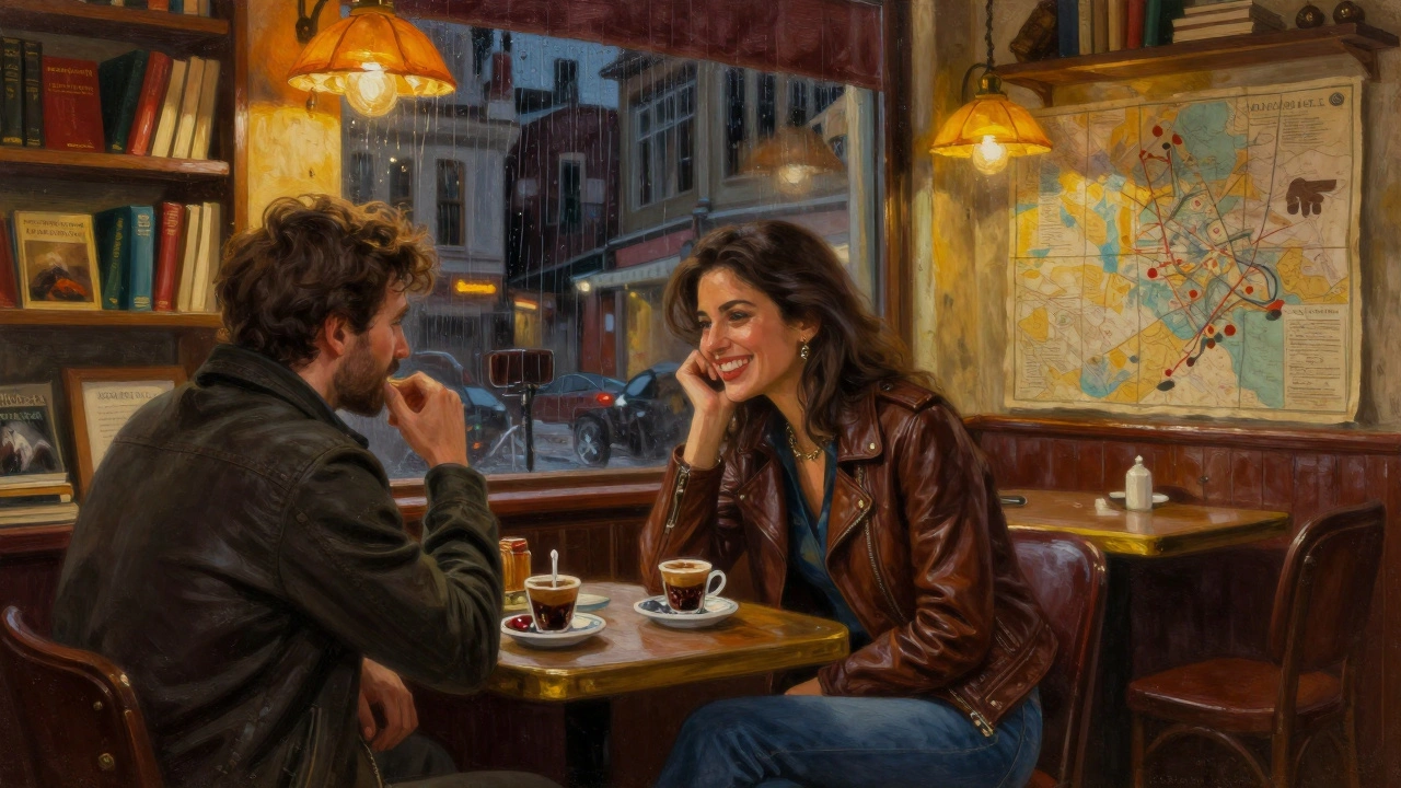 Two people share a quiet moment over coffee in a cozy Istanbul café, warm lighting and rain-streaked windows creating an intimate atmosphere.