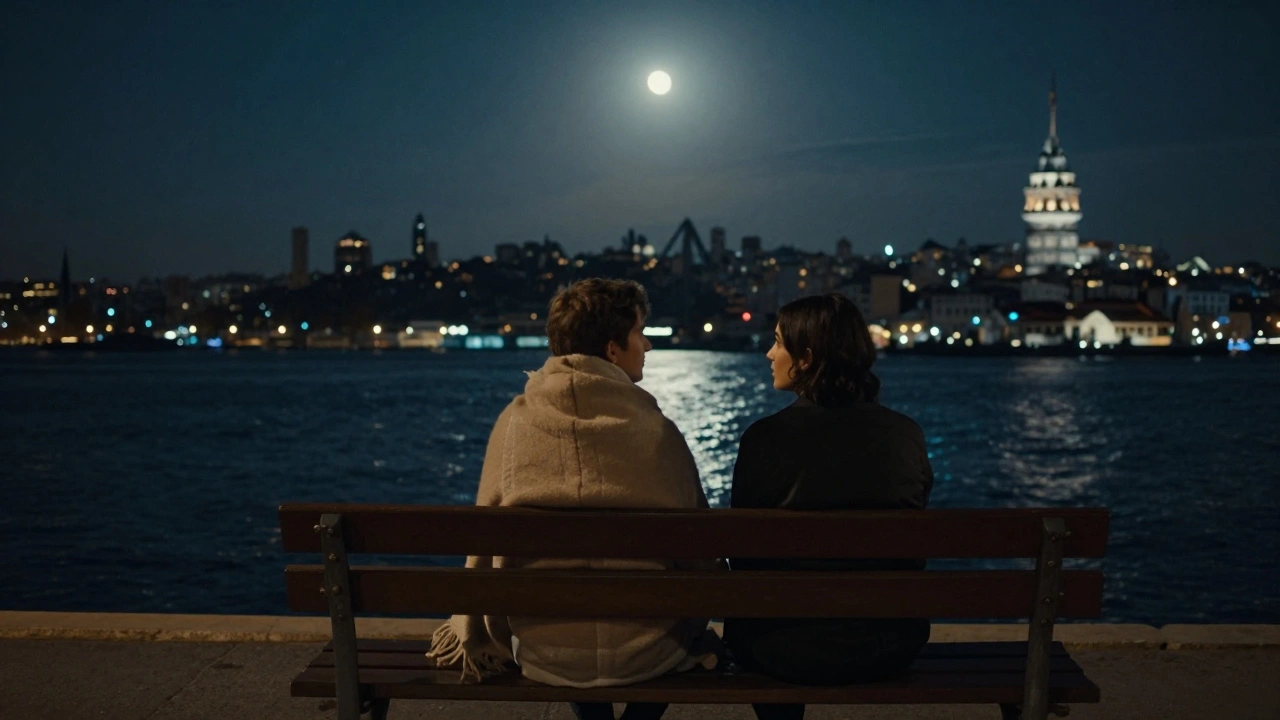 Two silhouettes sitting together on a bench along the Bosphorus at night, city lights reflecting on the water.
