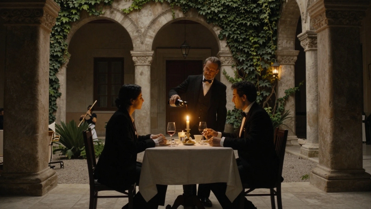 A couple dines privately in a candlelit courtyard at Çırağan Palace, surrounded by ivy and warm lantern light.