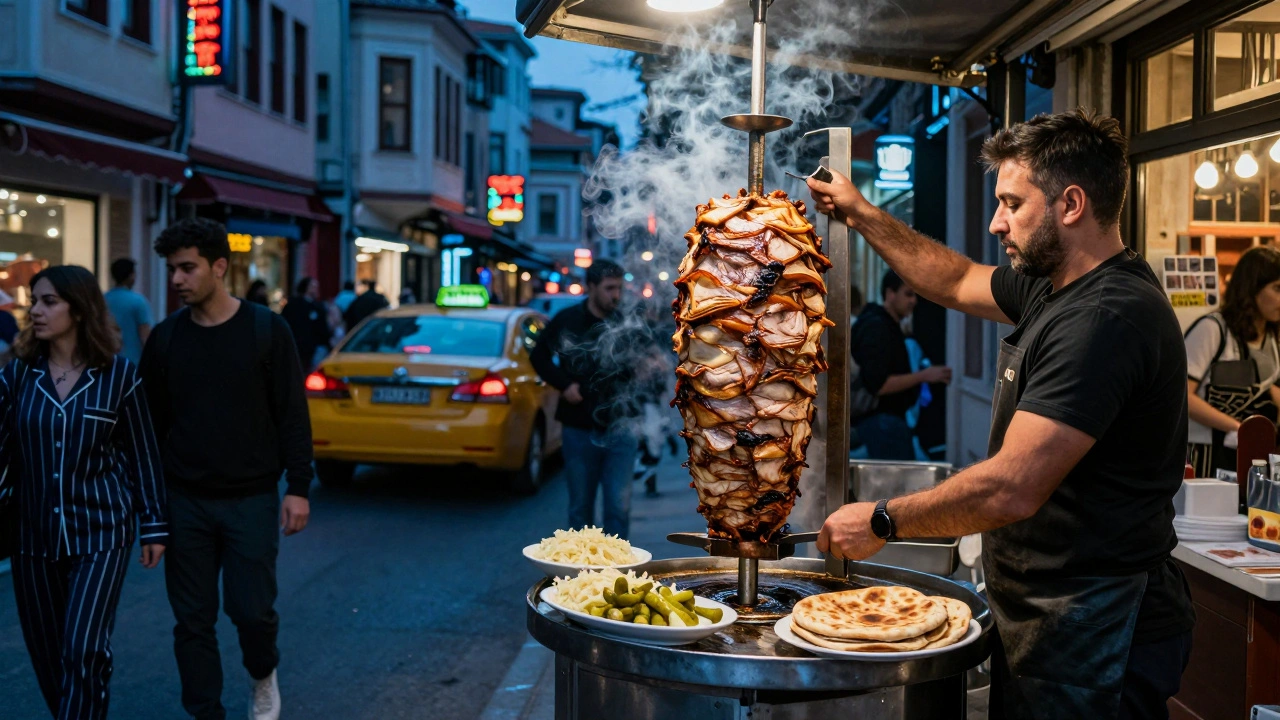 A döner vendor serving meat to a diverse crowd on İstiklal Caddesi at midnight.