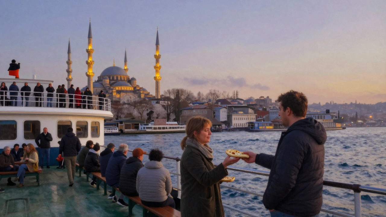 A ferry passenger sharing food at sunset as the call to prayer echoes over the Bosphorus.