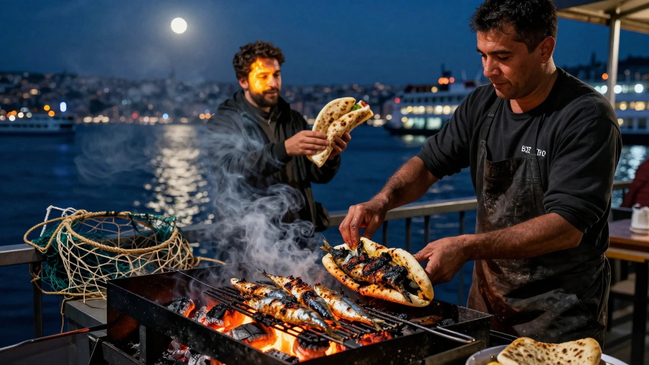 A fisherman grilling fresh sardines on charcoal over Galata Bridge at midnight, with the Bosphorus glowing in the background.