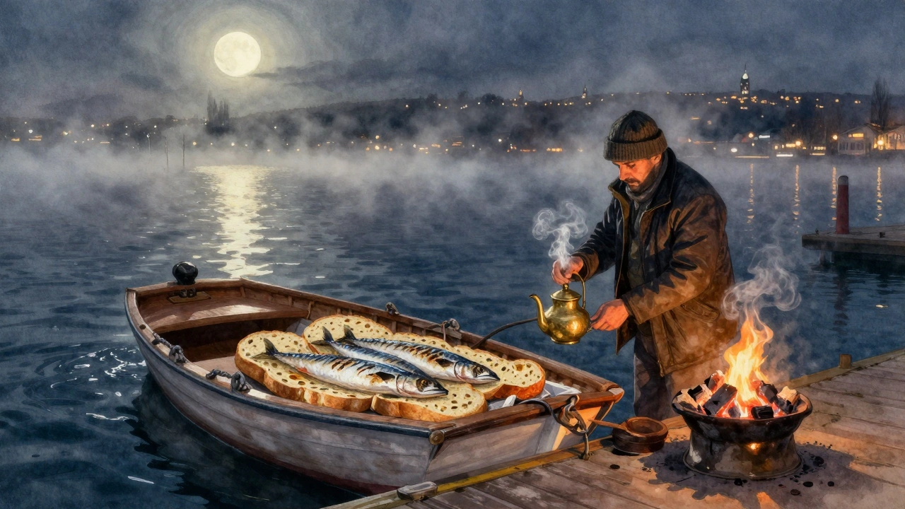 A fisherman serving grilled mackerel sandwiches from a boat on the Bosphorus at 2 a.m.
