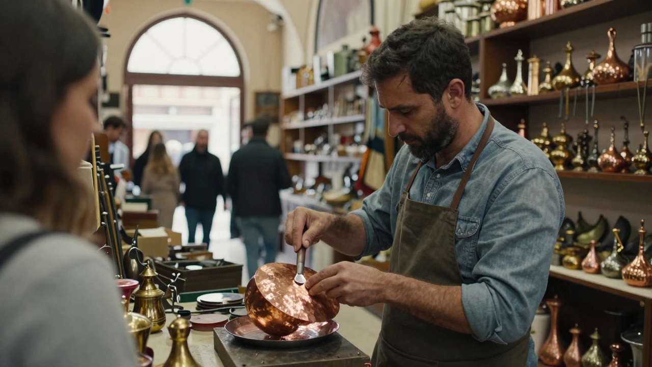 A generations-old copper artisan silently handing a customer a handcrafted piece in the Grand Bazaar.