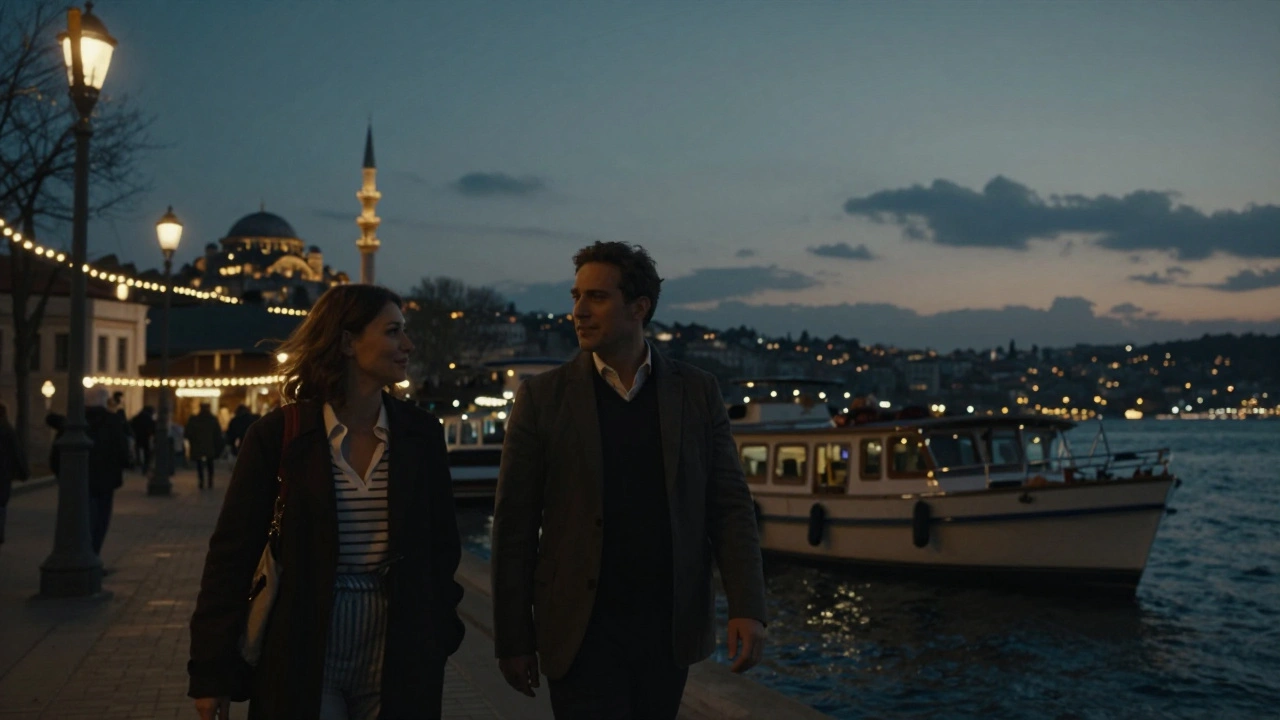 A man and woman walking peacefully along the Bosphorus at night, minarets in the distance, private boat gently anchored behind them.