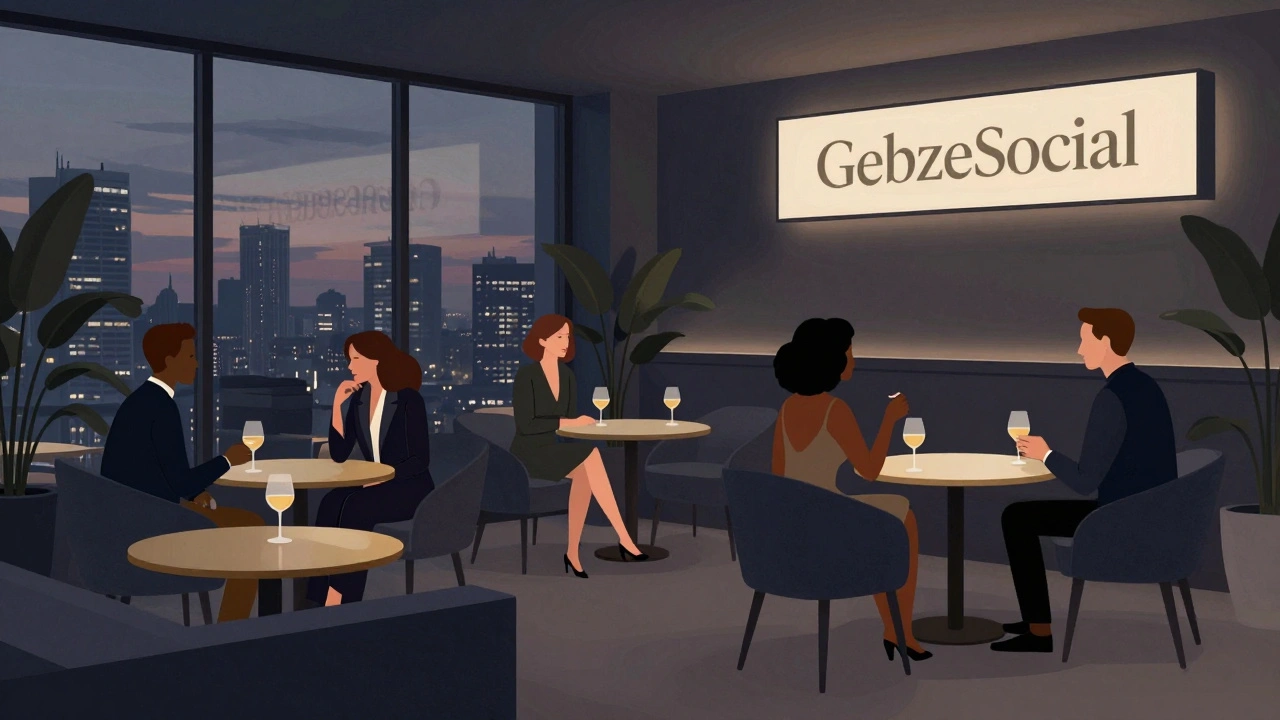 A modern lounge in Gebze where diverse clients and companions engage in calm, elegant conversation.