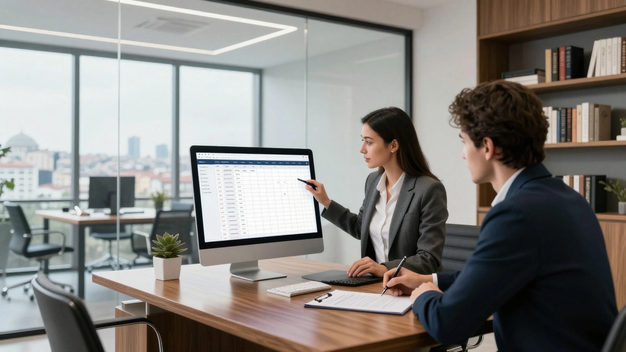 A professional escort agency office in Nişantaşı with a client signing a contract under natural light.