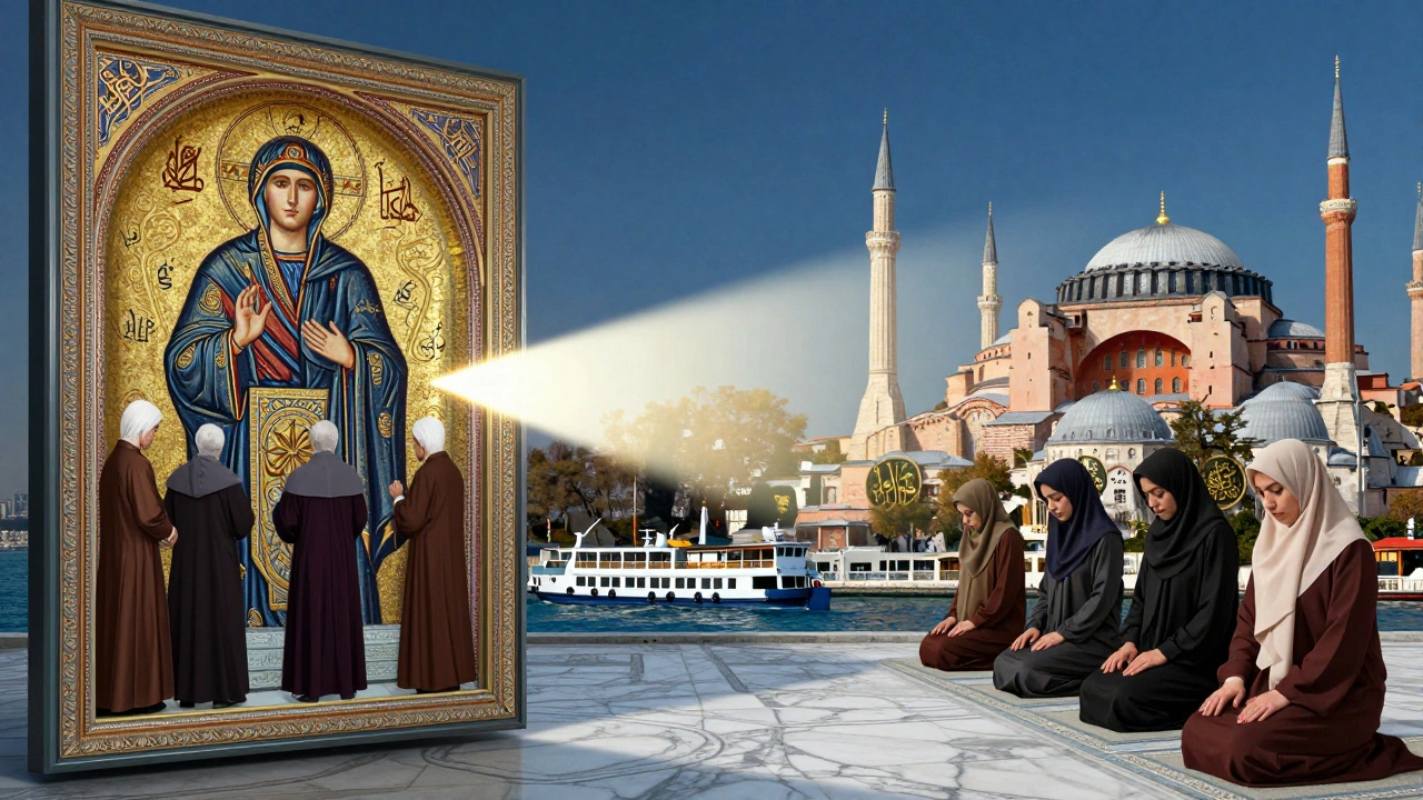 A symbolic split scene showing Byzantine and Muslim worshippers praying in the same space, connected by light, as the Bosphorus flows in the distance.
