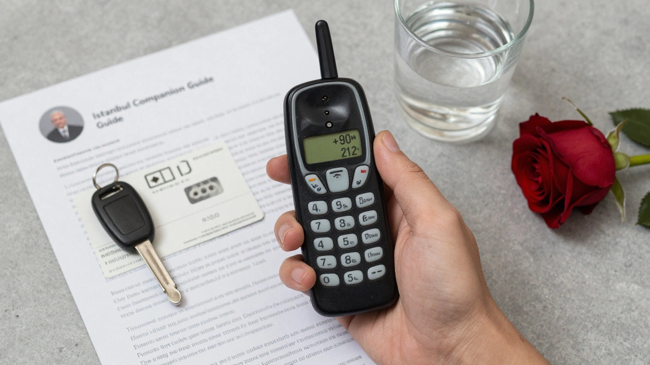 A vintage Turkish phone with a local number, accompanied by a hotel keycard and verified review print.