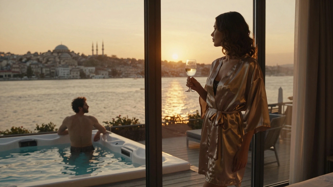 A woman in a silk robe standing by a window overlooking the Bosphorus at sunset, calm and elegant, in a luxury hotel suite.