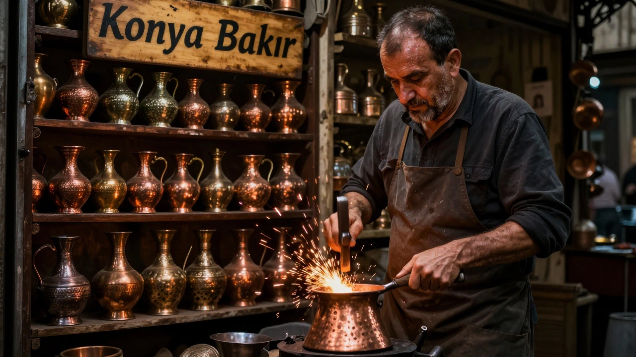 An artisan hammering a copper pot by hand in a dim alley, sparks flying, with Konya Bakır sign in background.