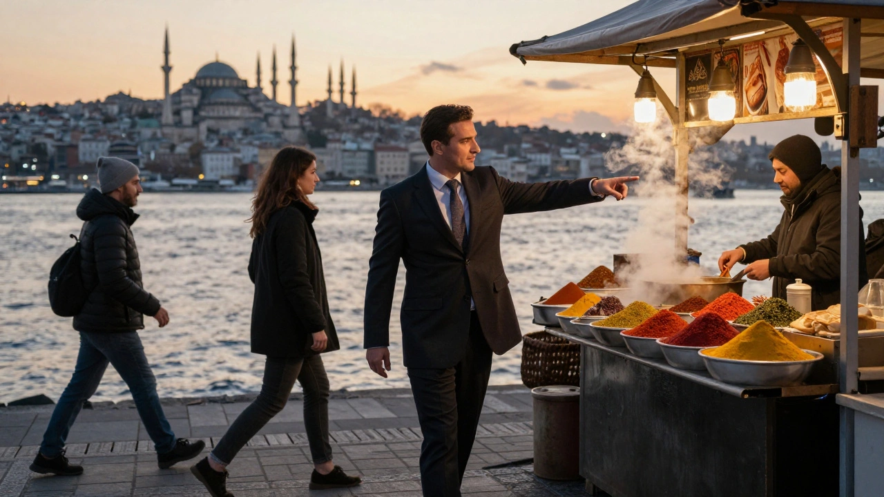 An escort and guest walking along the Istanbul waterfront at sunset, pointing to a local food vendor.