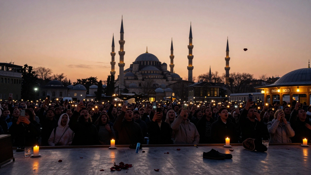 Crowd singing in unison at sunrise, phones held like candles, silent and united in Kiki Nightclub.