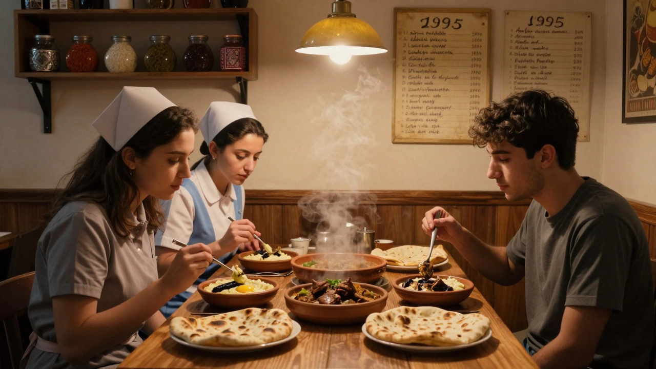 Diverse diners sharing a quiet meal of hünkar beğendi at Çiya Sofrası, lit by a single lamp in the 24-hour restaurant at 3 a.m.