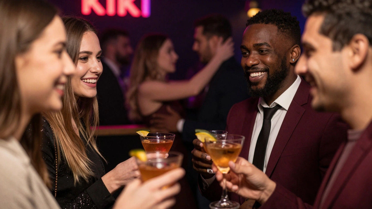 Diverse patrons laughing over cocktails with blurred dancers in background