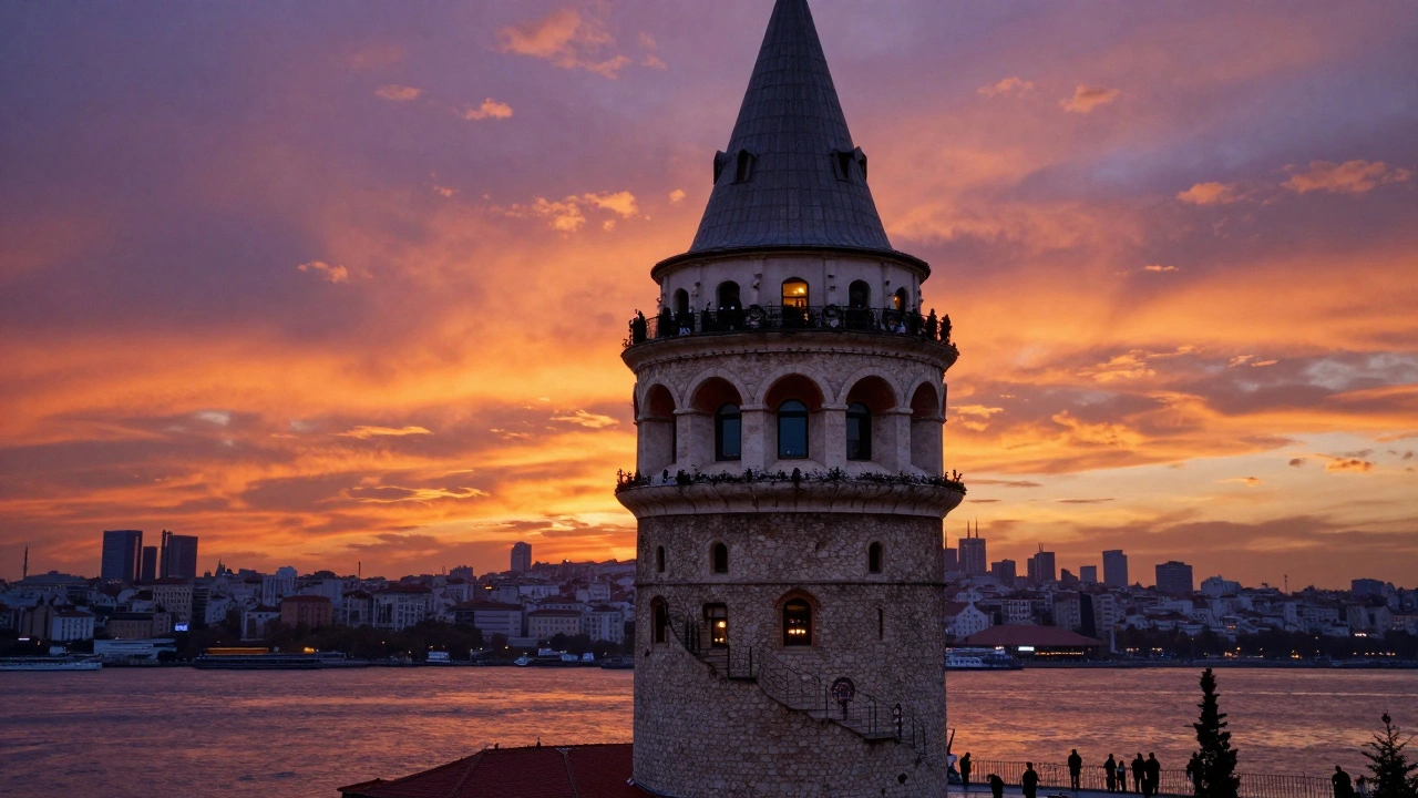Galata Tower observation deck at sunset with Bosphorus views