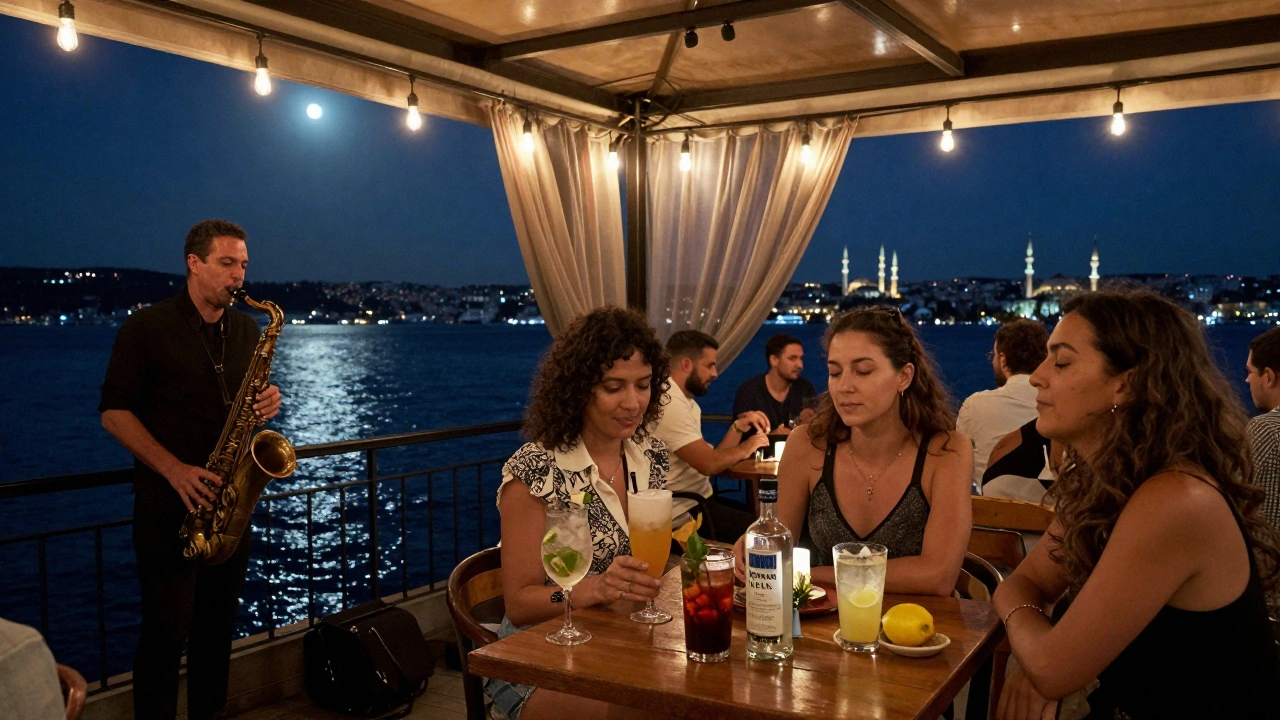 Live jazz performance on Flekk's open-air terrace at night, with the Bosphorus visible in the distance and patrons sipping local cocktails.