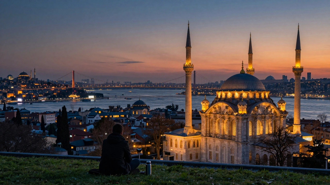 Panoramic view of Istanbul at dusk from Çamlıca Hill, lights glowing across the city.
