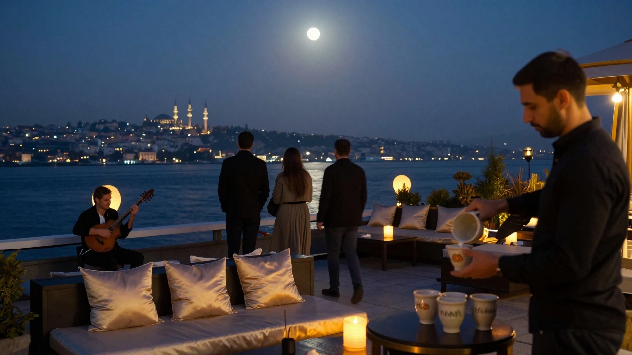Rooftop at Anjelique after midnight, guests walking toward the Bosphorus as lanterns float on the water with ney music playing.
