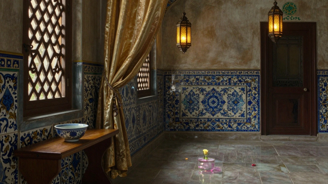 Soft lantern light illuminates silk curtains and porcelain bowls in a quiet Harem corridor of Topkapi Palace.