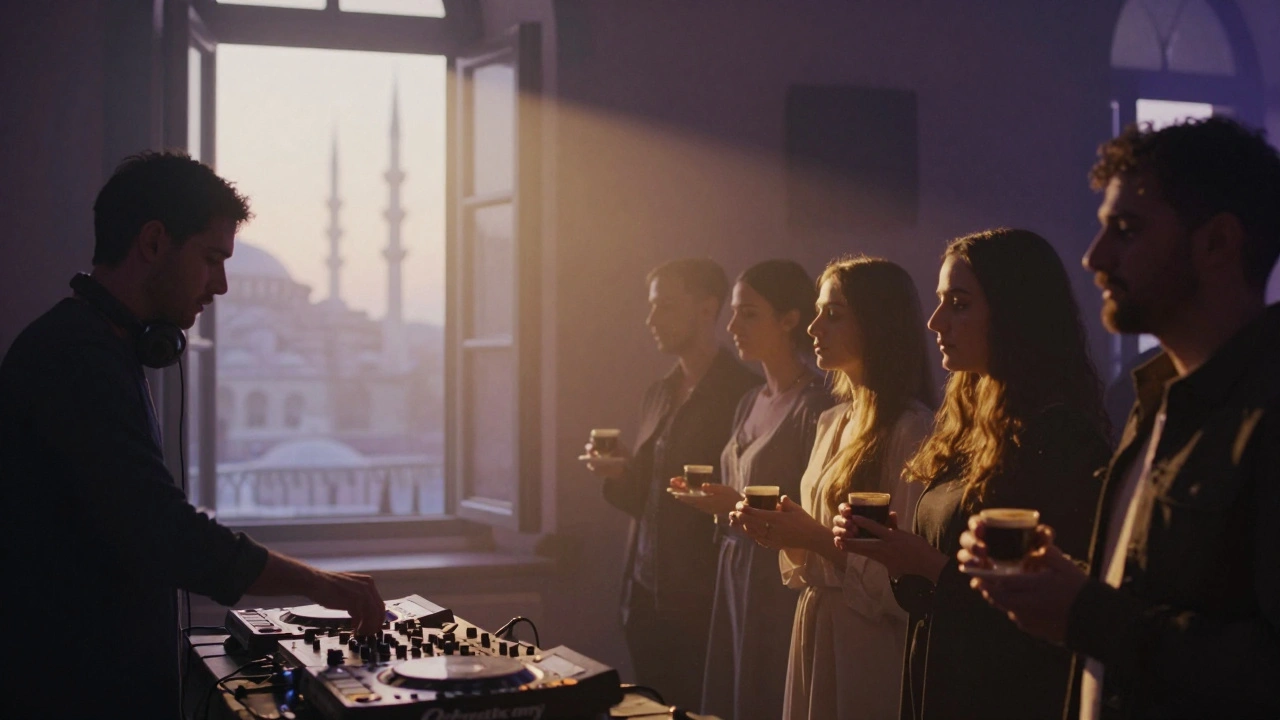 Sunrise at Flekk: dancers holding coffee cups as golden light spills through the window, minarets visible in the distance.