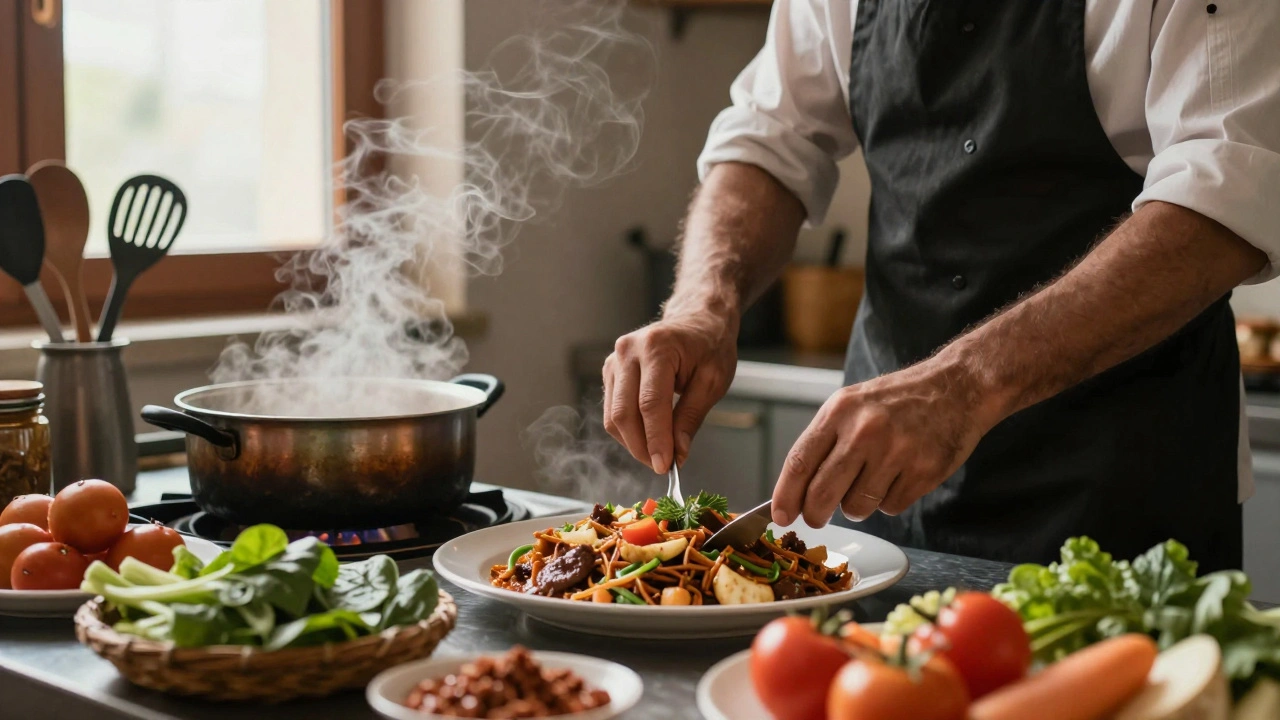 Syrian chef preparing traditional dishes in kitchen