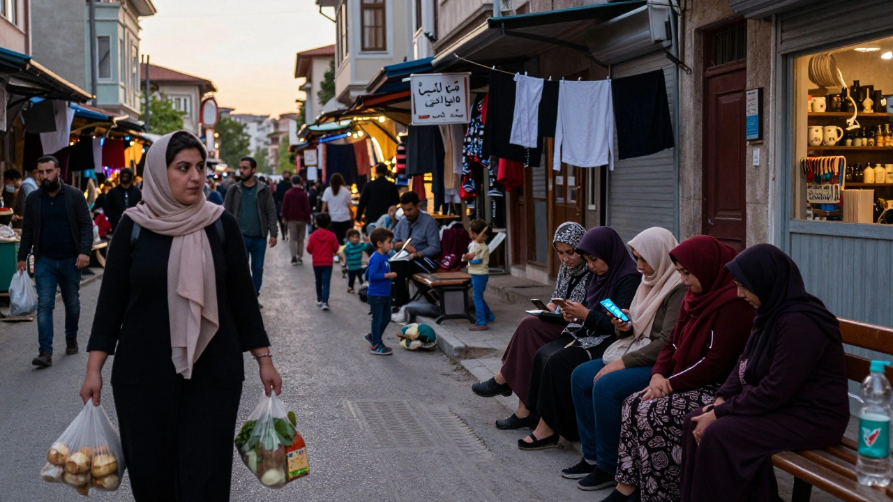 Syrian families walk home through Esenyurt at dusk, with women resting on a bench, one checking her phone.