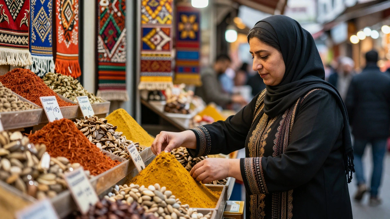 Syrian woman arranging spices in Istanbul market stall