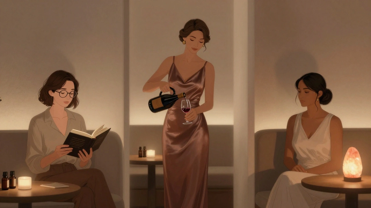 Three different types of companions in a calm, elegantly lit lounge setting.