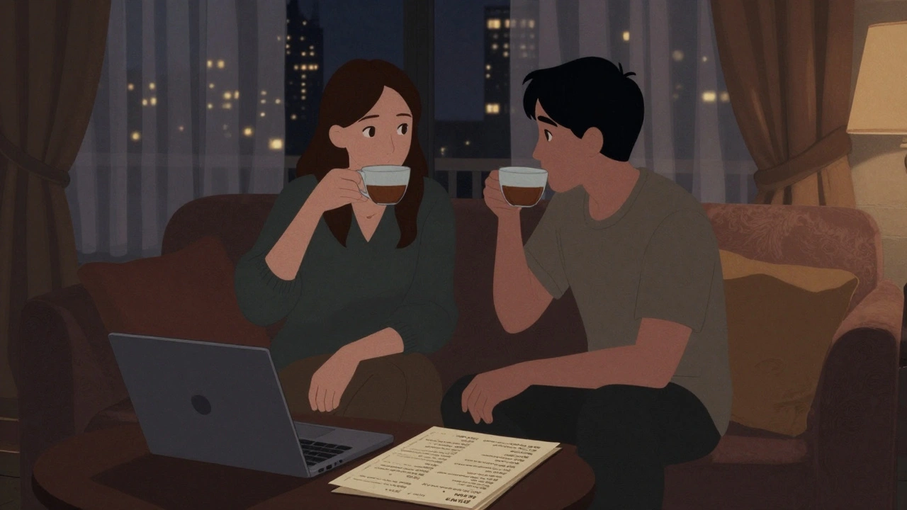 Two individuals sitting quietly in a hotel room, sharing a calm moment with no physical contact.