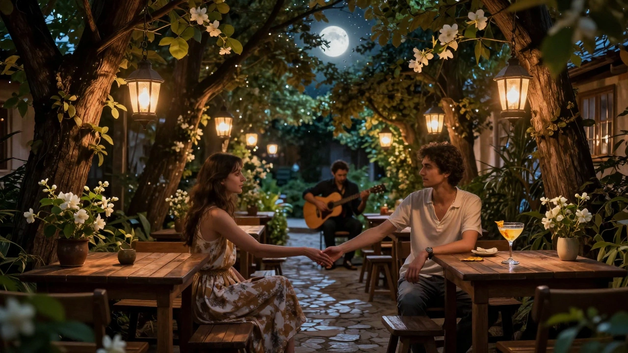 A couple enjoys acoustic jazz in a hidden garden club, lit by hanging lanterns under ancient trees.