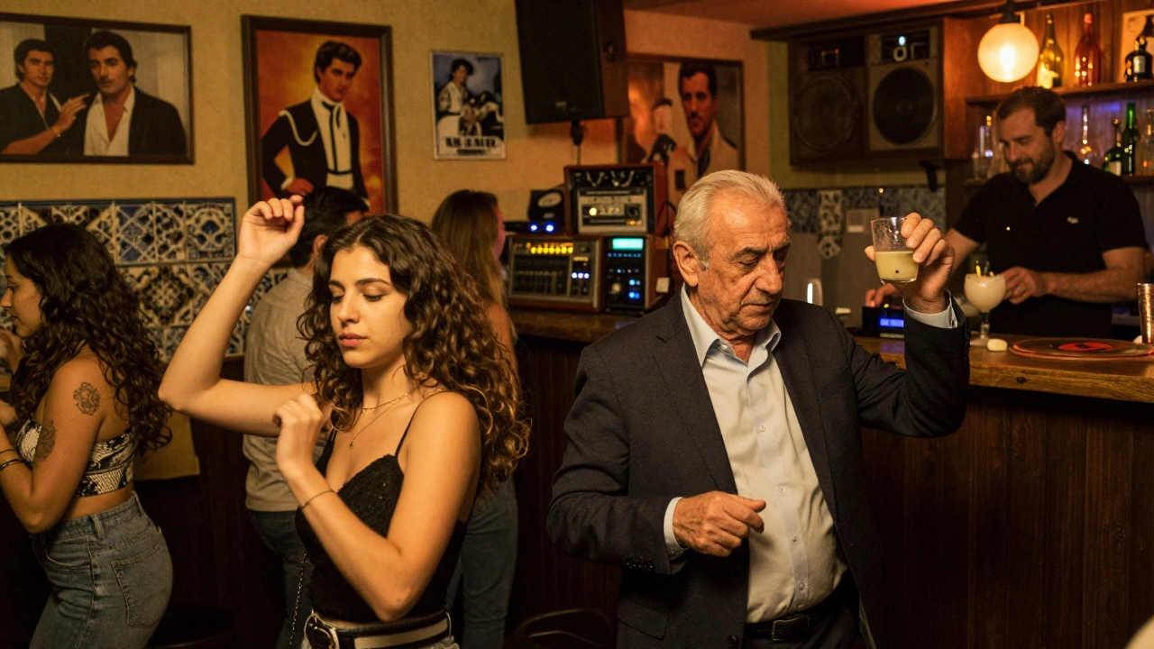 A diverse crowd dances in Anjelique Nightclub, a Turkish man and young woman moving together under warm, intimate lighting.