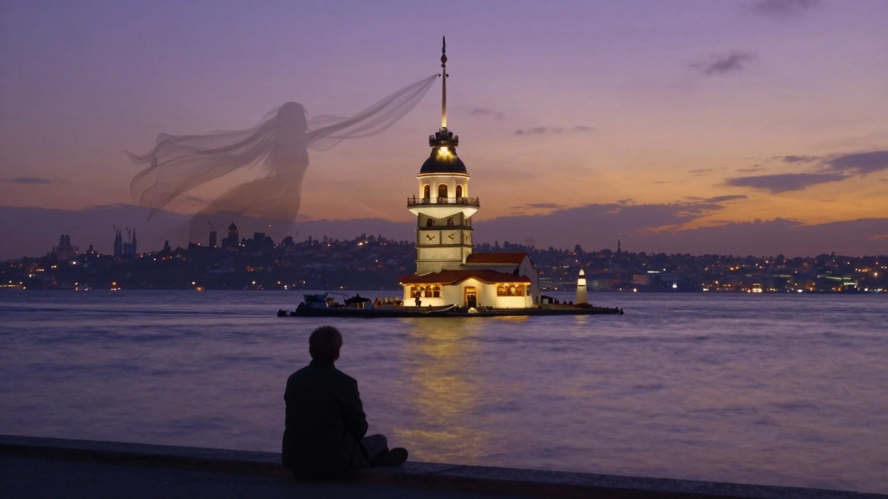 A fisherman on the Üsküdar shore at twilight gazing at the tower, with a ghostly translucent silhouette of a woman in the wind above the water.