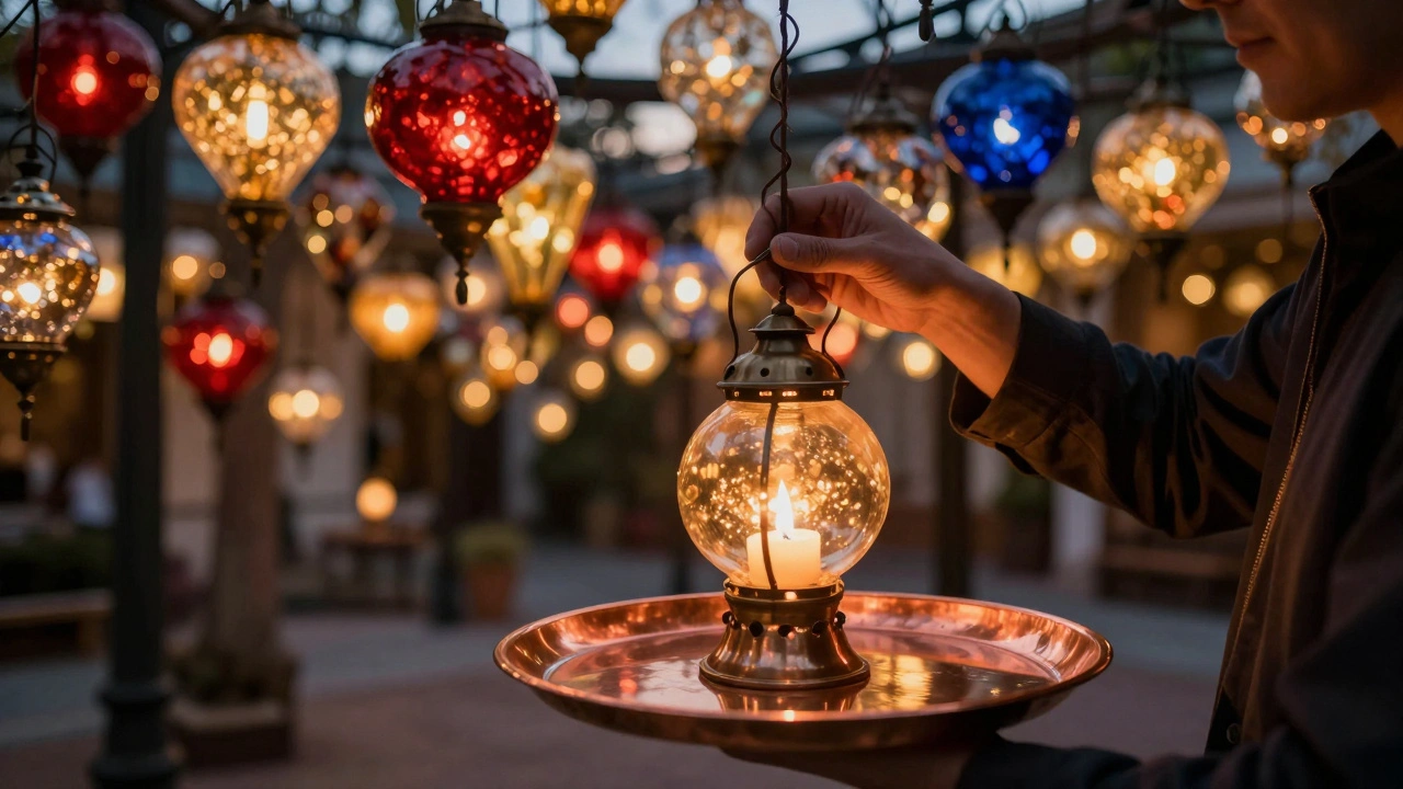 A glowing lantern with a flickering candle casting warm reflections on copper in Istanbul's lantern courtyard.