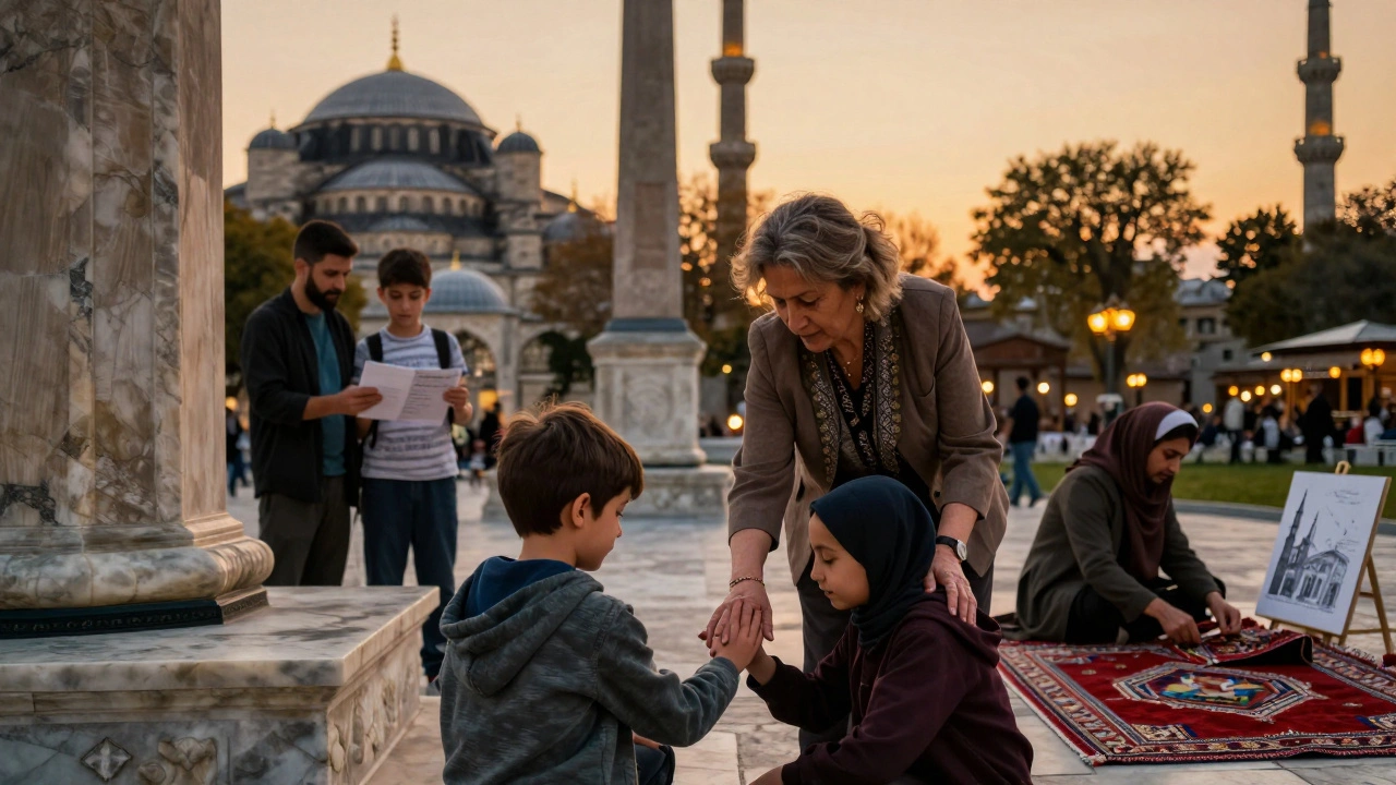 A grandmother guides her grandchild’s hand on the Blue Mosque’s marble, while a teacher and student sit nearby under the Obelisk at dusk.