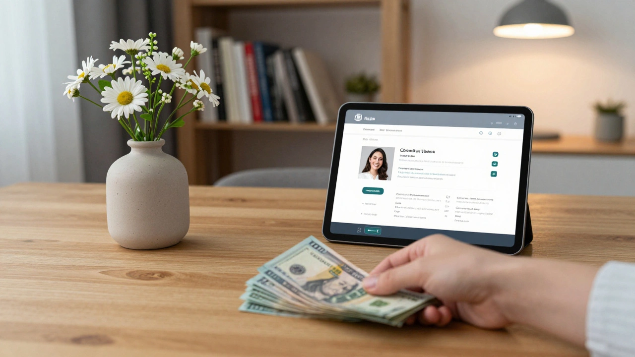 A hand placing cash on a wooden table in a private apartment, with a verified profile visible on a tablet.