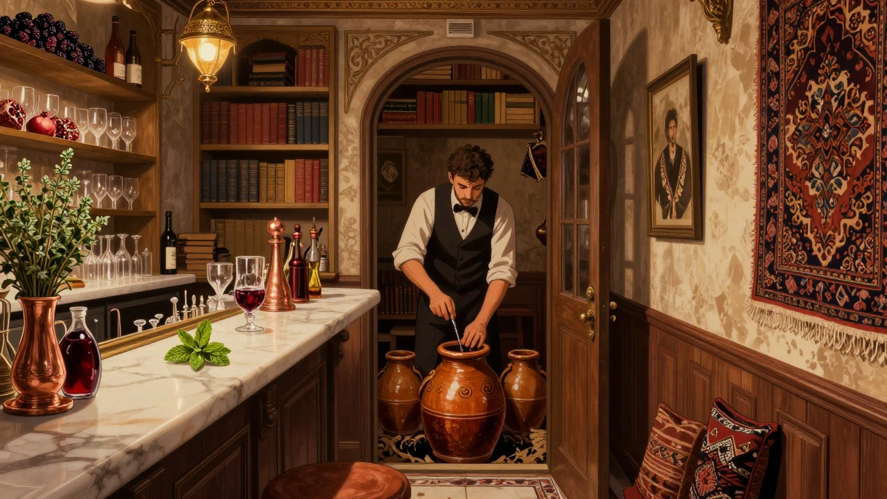 A hidden bar in an Ottoman villa where a bartender ages rum in ceramic jars surrounded by dried local herbs and fruits.