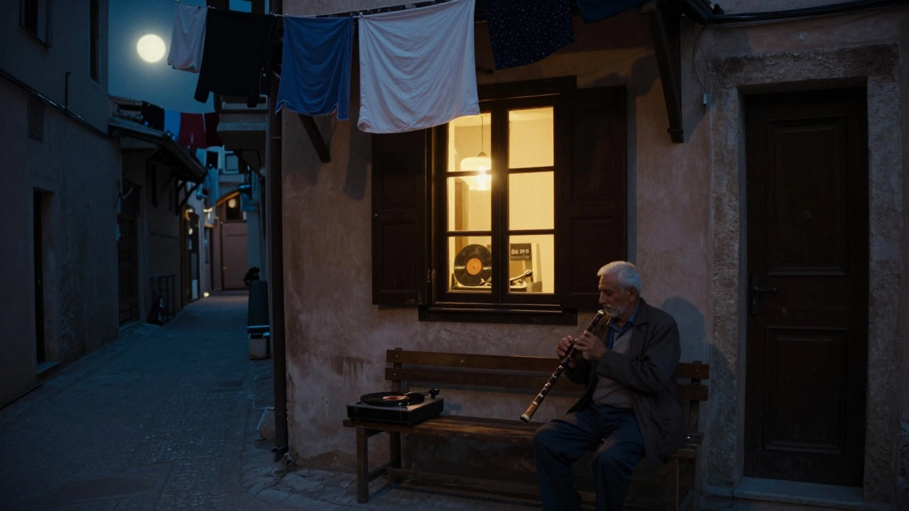 A man playing the ney outside a cozy bar in Balat under soft moonlight at night.