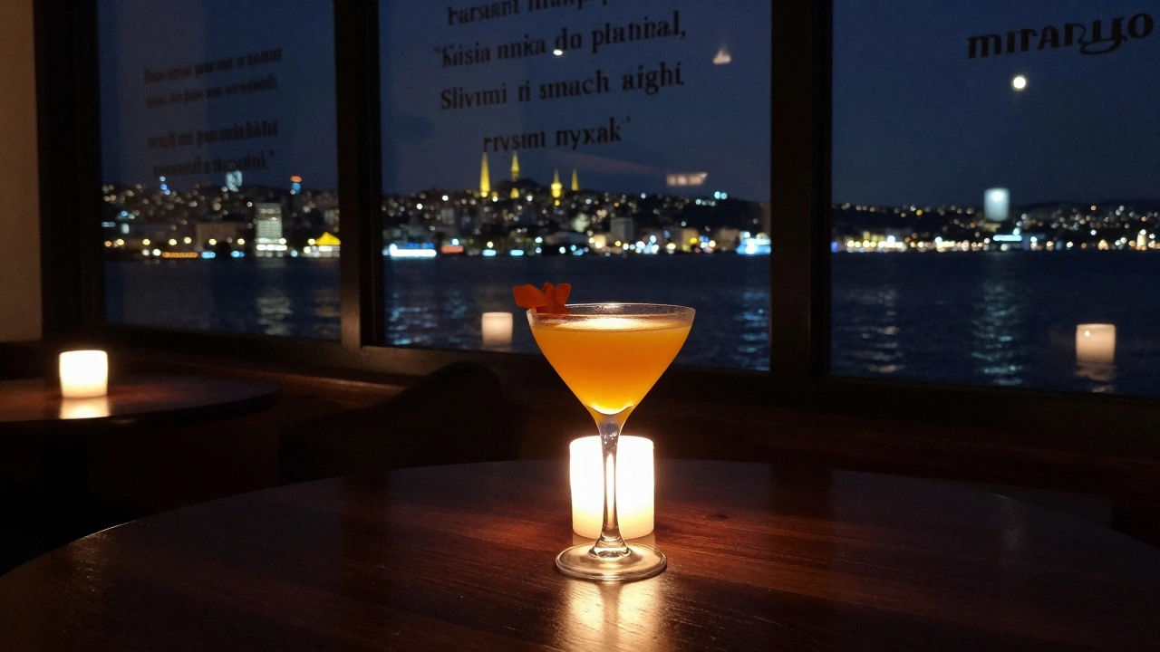 A minimalist lounge with a glowing cocktail and reflections of the Golden Horn, evoking quiet luxury and poetic serenity.
