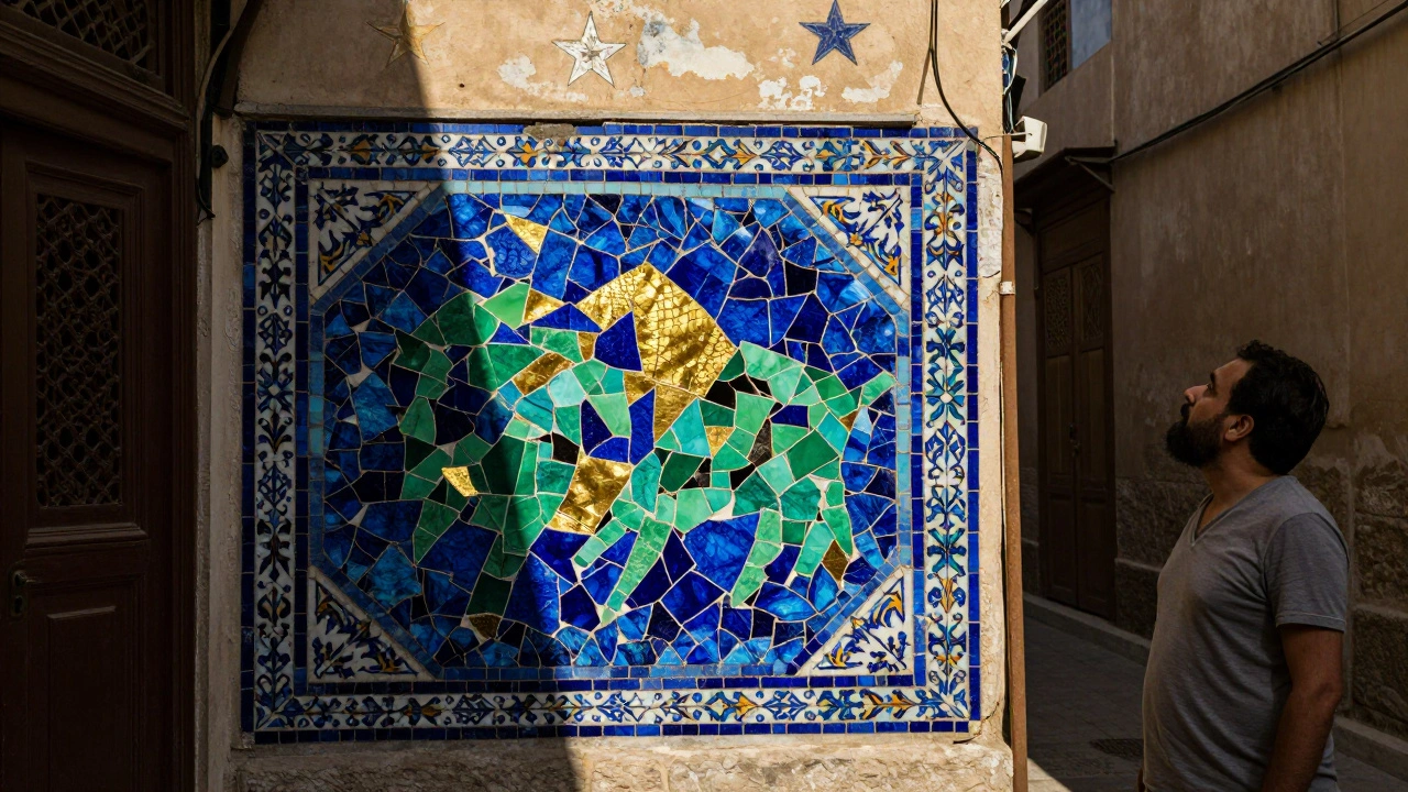 A mosaic wall of colorful tiles in Istanbul's Grand Bazaar, glowing under golden afternoon light with Ottoman stars visible above.