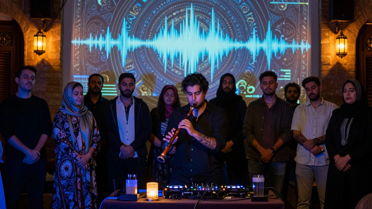 A musician plays ney flute at a late-night Gece Konseri, patrons swaying in quiet reverence as light patterns blend tradition and technology.