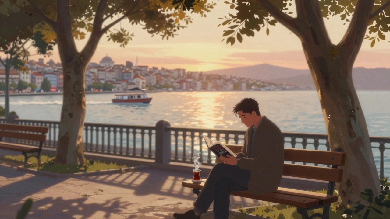 A person reading alone on a garden terrace with a view of the Bosphorus at sunset.